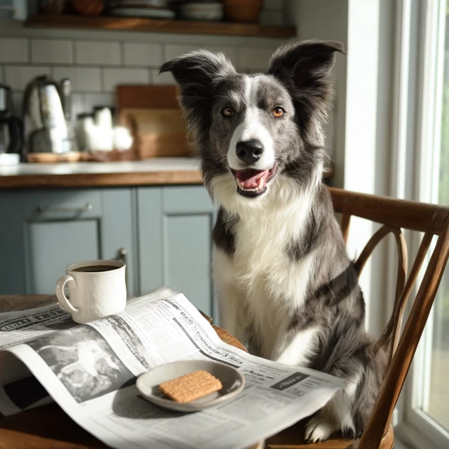 Happy Border Collie Dog Reading Newspaper in Kitchen