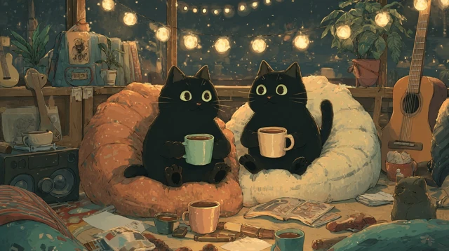 Cozy Evening Two Black Cats Mugs Lights