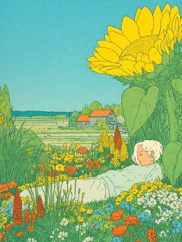 Girl with White Hair in Flower Garden Anime Illustration