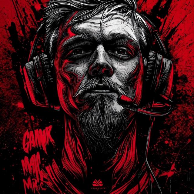 Gaming Poster Art Vector Gamer with Headphones Red Black