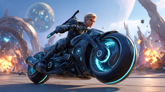 Futuristic Warrior on Motorbike Alien Planet 3D Render