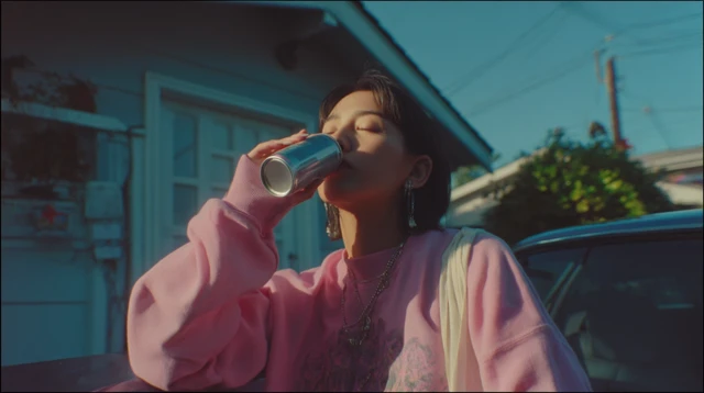 Young Woman Sipping Drink Next to Car