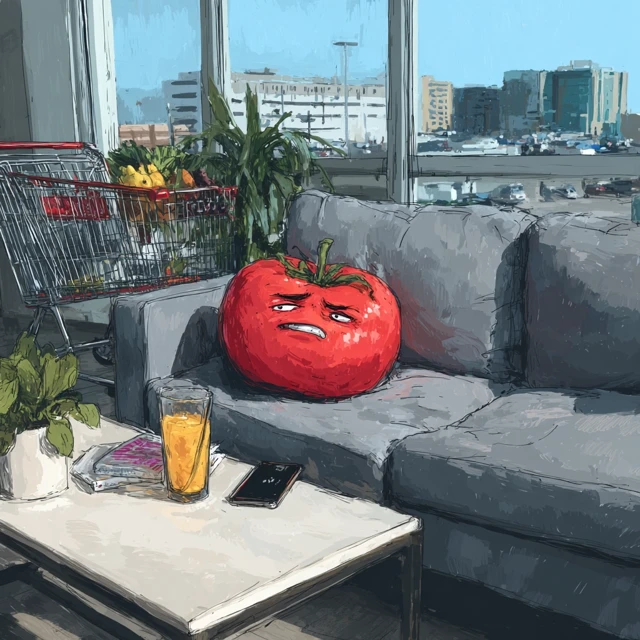 Tomato Lounging on Couch with Smartphone Sarcastic Art