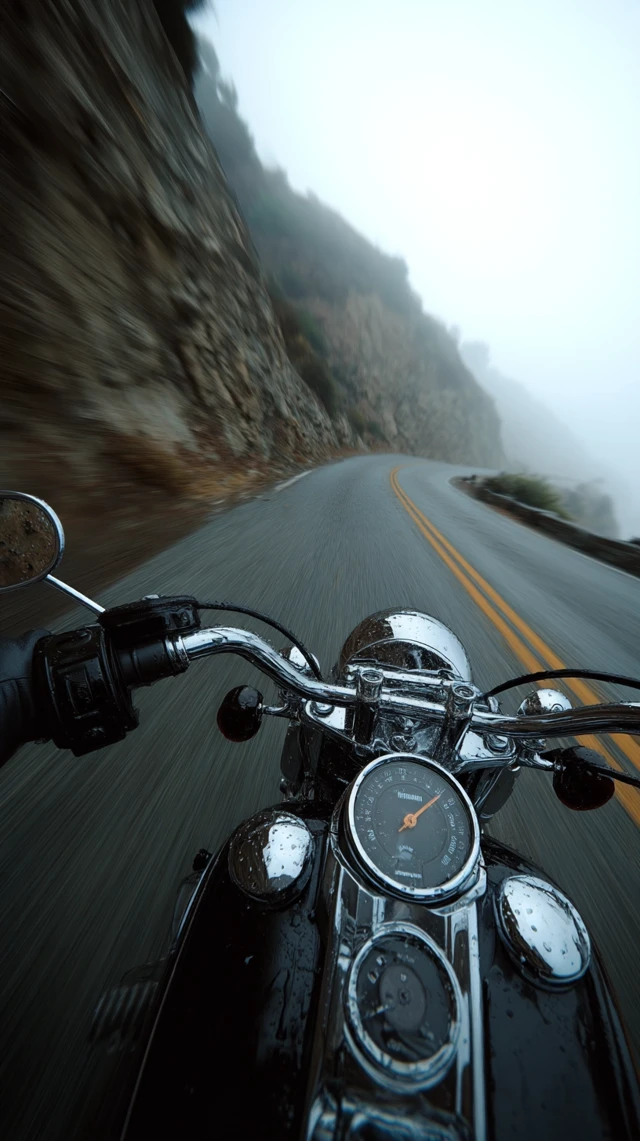 Harley Davidson Motorcycle on Foggy Road