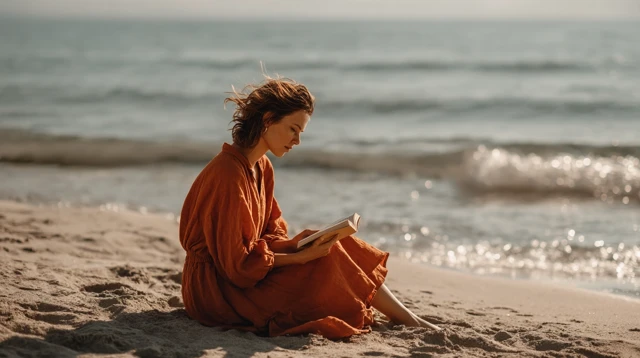 Woman Reading on Beach Serene Scene