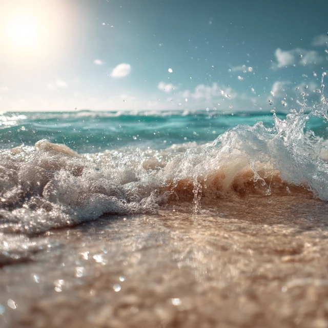 Tropical Beach Scene Golden Sunlight and Turquoise Waves