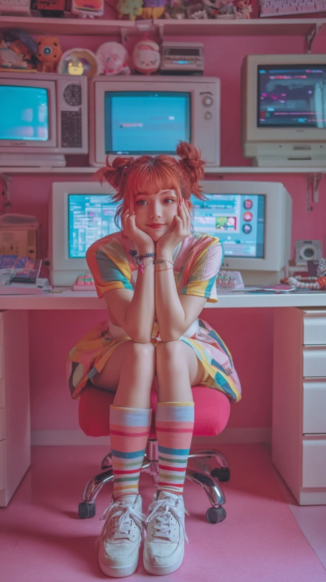 90s Anime Girl with Pigtails and Striped Socks