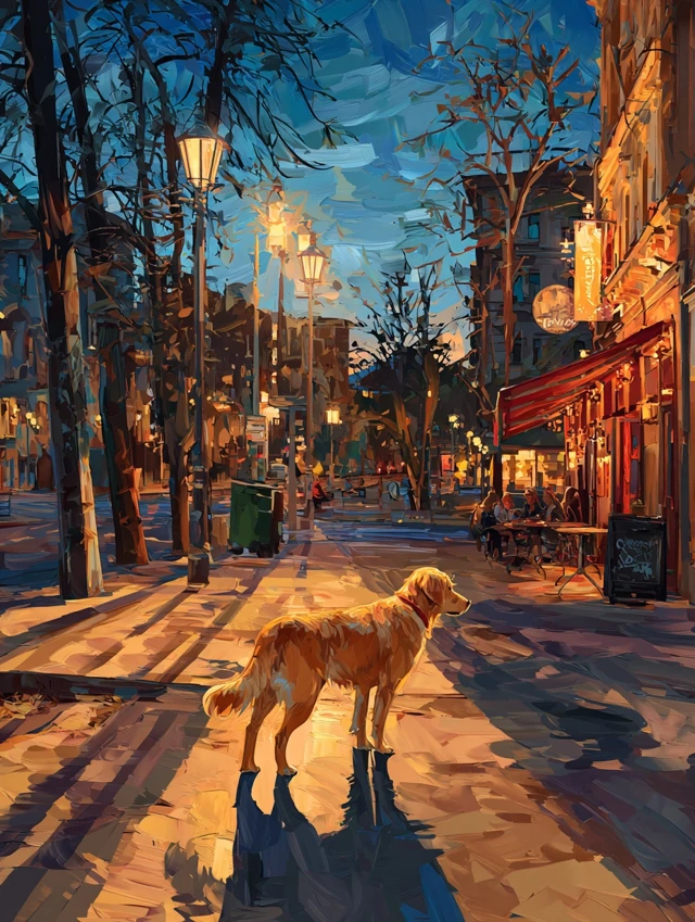 Lonely Golden Retriever in City Oil Painting