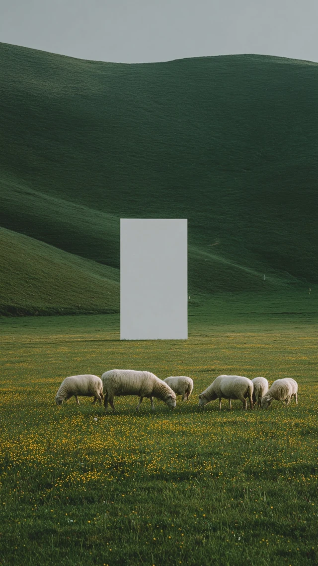 Green Field with Sheep and Flowers