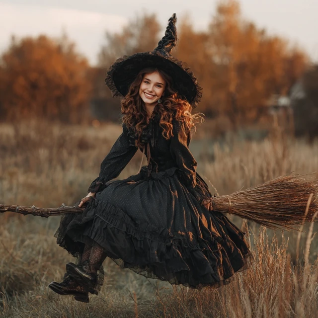 Happy Witch in Black Dress and Hat Halloween