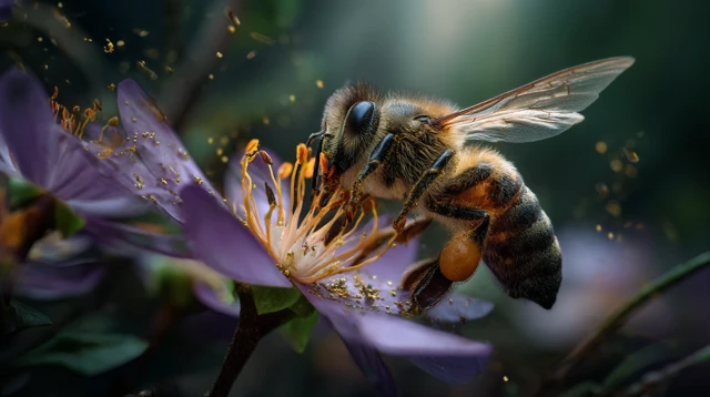 Bee Resting on Violet Flower Ultra Realistic Macro Shot