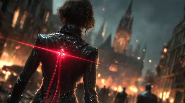 Dark Cyberpunk Warrior in Destroyed City