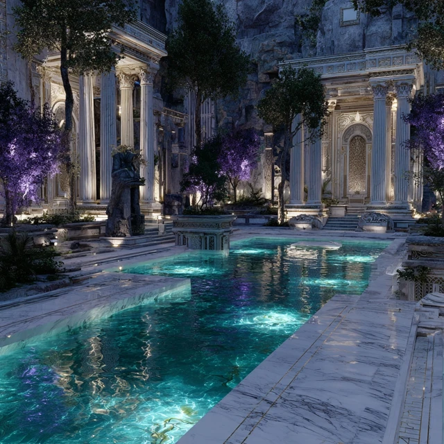 Luxury Garden with Modern Stone Pillars and Marble Pond