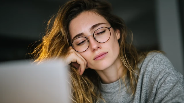 Exhausted Woman After Work Laptop Close Stock Photo