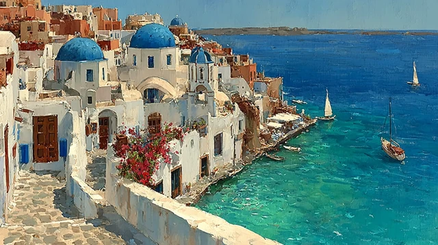 Santorini Greece Watercolor Painting Summer Day