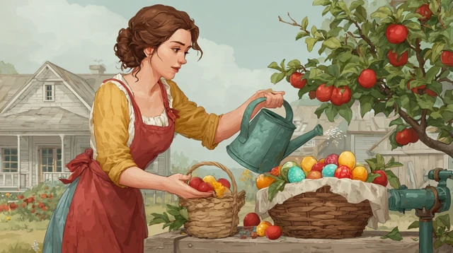 Farm Game Banner Woman with Easter Eggs