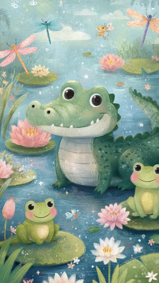 Whimsical Swamp Illustration Alligator Dragonflies Frogs