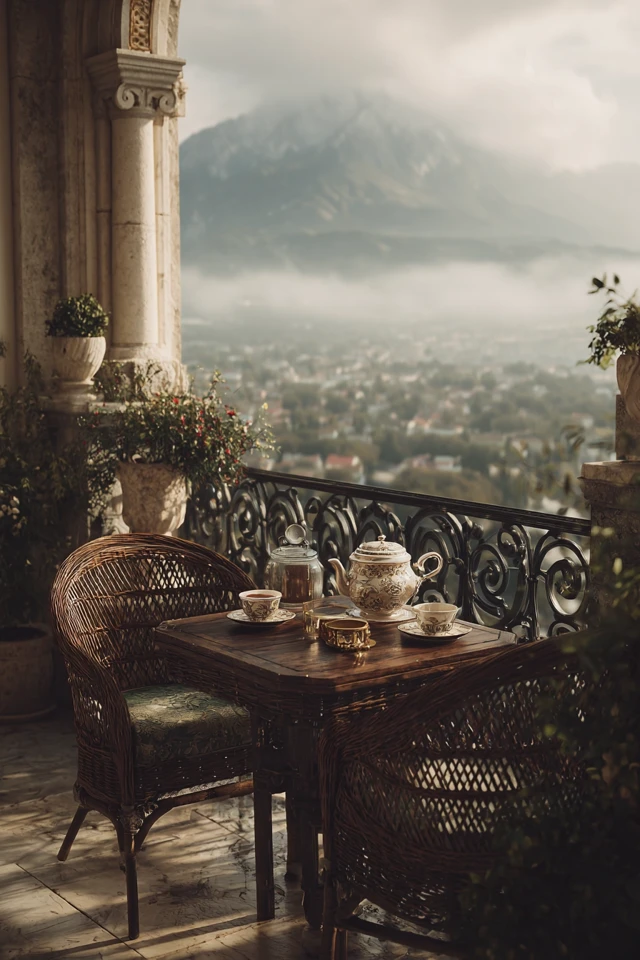 Rainy Day Balcony Tea Set Italy Serene View