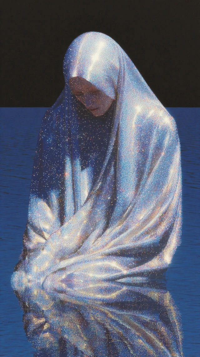 Mysterious Figure in Stardust Veil on Water