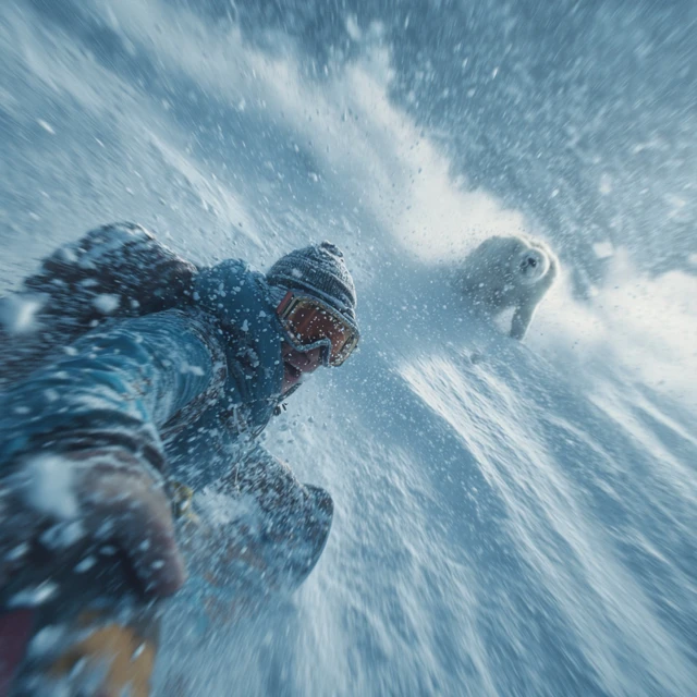 Snowboarder Chased by Polar Bear Avalanche Survival Scene