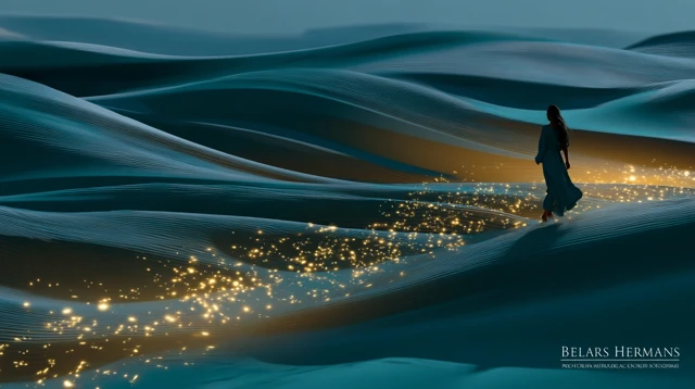 Woman Walking in Dunes with Glowing Sparks at Dusk
