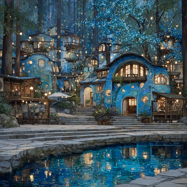 Forest Village at Dusk: Bioluminescent Lights and Festival