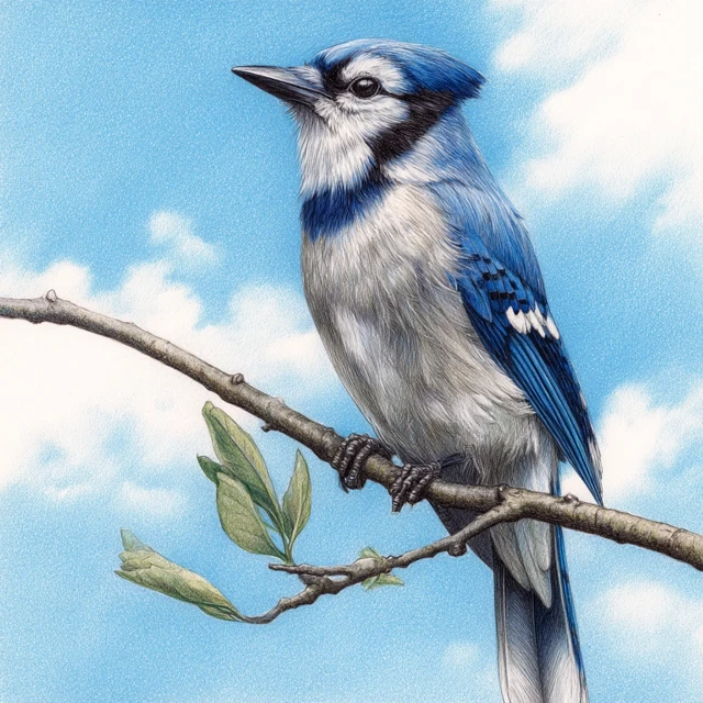 Blue Jay on Branch Spring Day Watercolor
