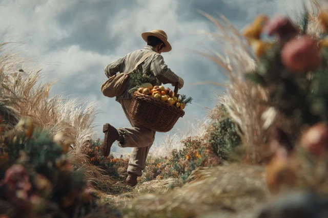 Man with Fruit Basket in Field Hyperrealistic