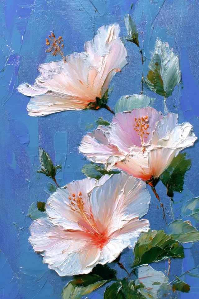 Hibiscus Blossoms Oil Painting on Blue Background