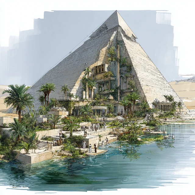 Egyptian Pyramid Oasis Architectural Visualization