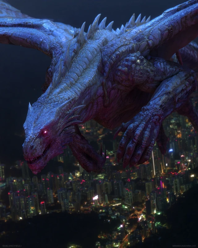 Biomechanical Dragon Over Cyberpunk World