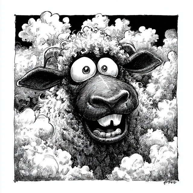 Black Sheep Cartoon Illustration Pen and Ink