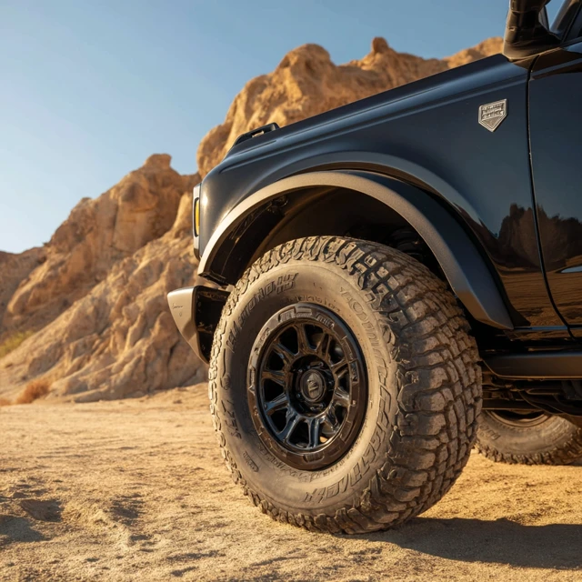 2021 Black Ford Bronco Wheel Closeup Desert