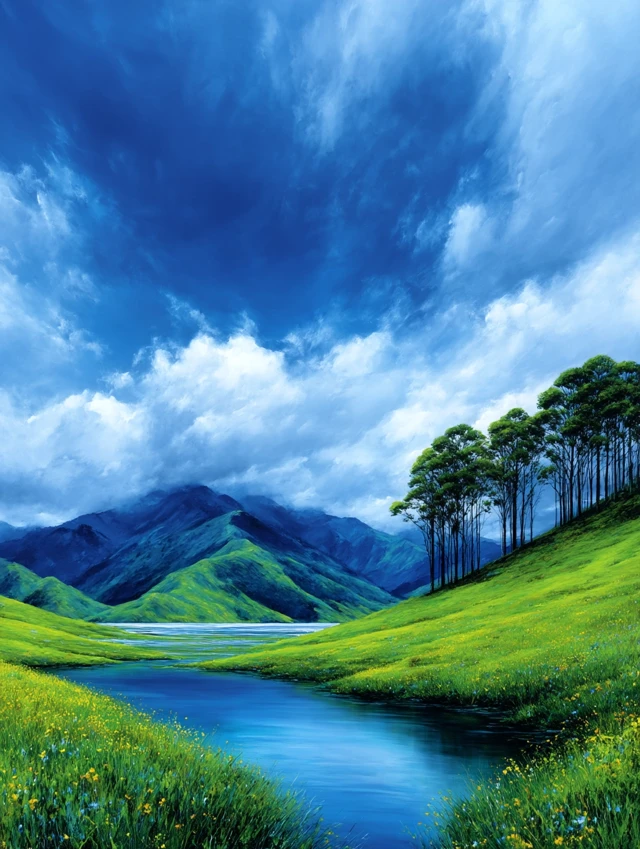 Abstract New Zealand Landscape Painting Green Hills Water