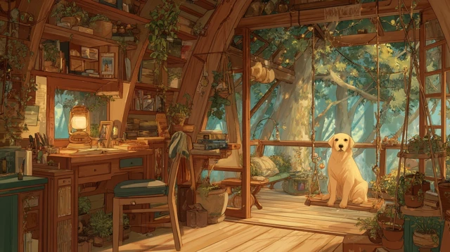 Cozy Treehouse Anime Interior with Dog