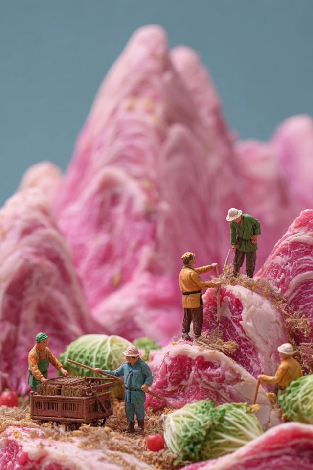 Miniature Chinese Farmers on Meat Mountains