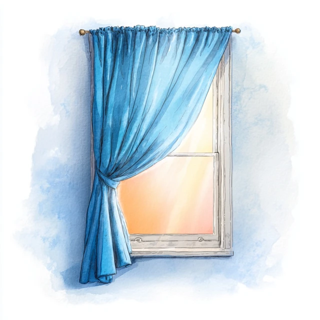 Window with Blue Curtain Childrens Illustration