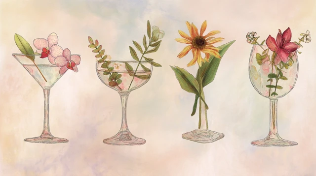 Watercolor Cocktail Glasses with Floral Decorations