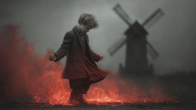 Boy Dancing on Ashes Surreal Wes Anderson Style