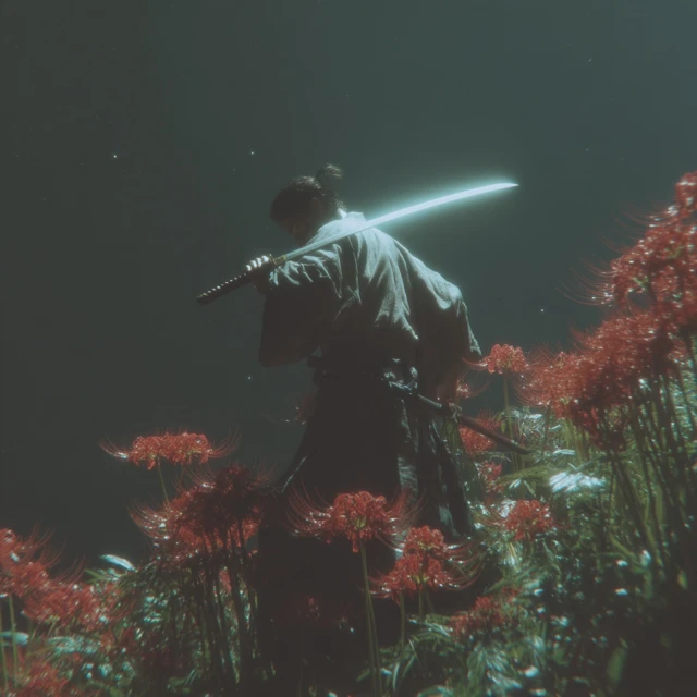 Lone Samurai in Moonlight Spider Lily Valley
