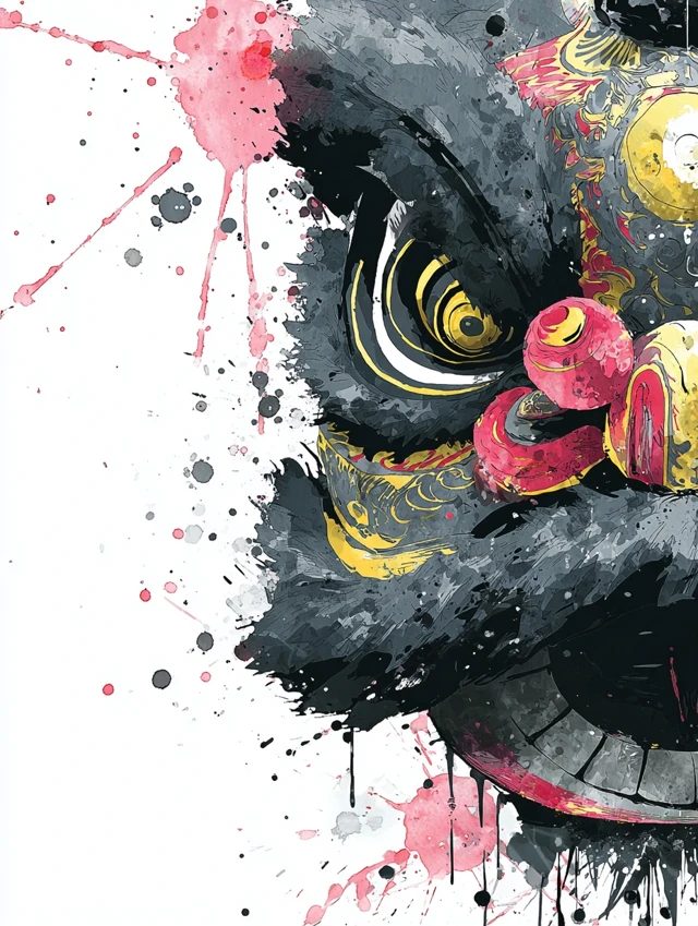 Chinese Lion Dance Ink Painting with Gold Accents