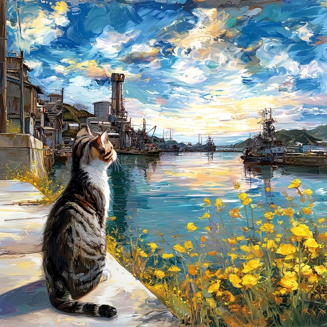 Sunrise Cat Onomichi Waterfront Painting
