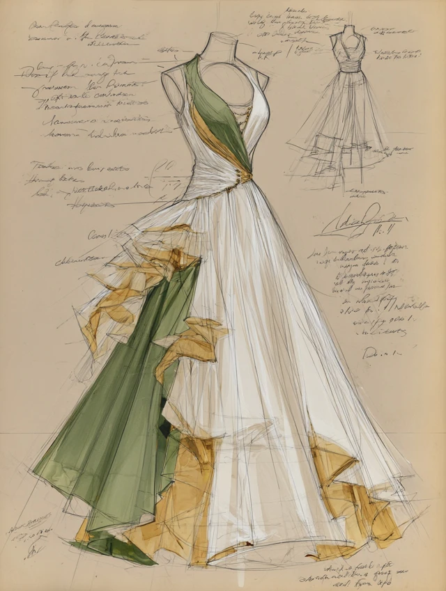 Evening Gown Design White Dress with Golden Green Accents