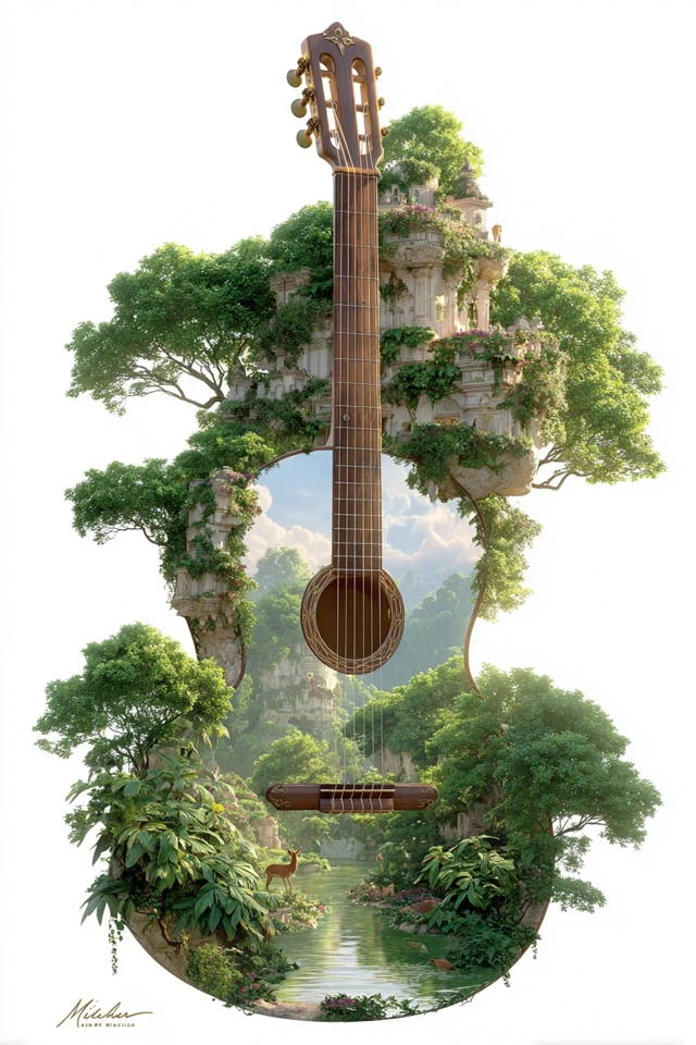 Guitar Forest Landscape Surreal Art