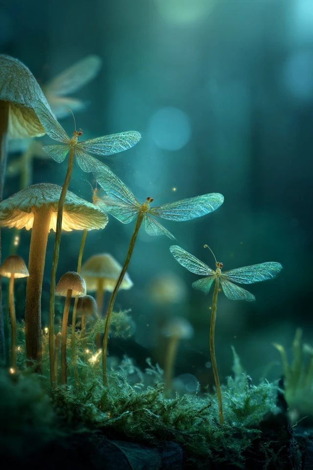 Dreamy Forest Scene Fairies and Mushrooms