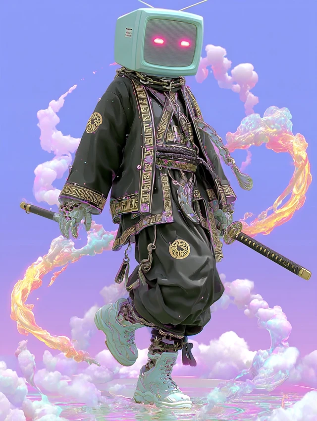 Cyberpunk Anime Swordsman TV Head with Flaming Sword