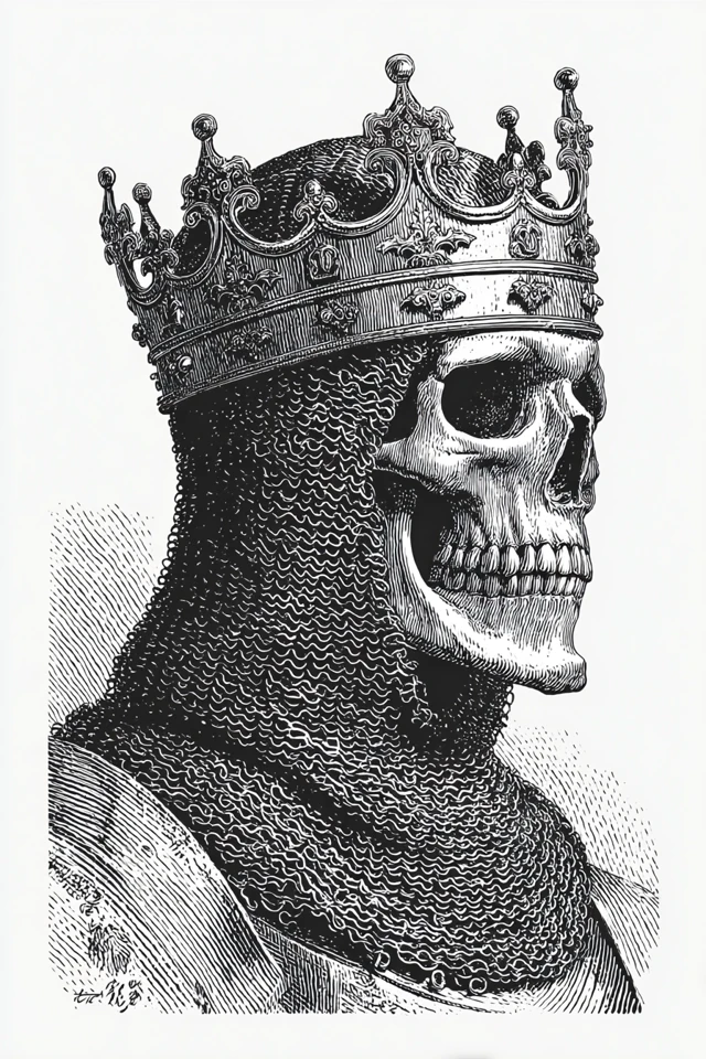 Skull King in Chainmail Crown Woodcut Art