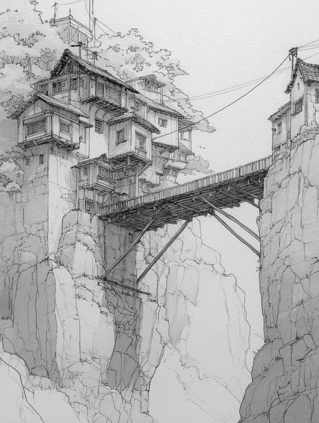 Ghibli Style Cliffside Houses and Bridge