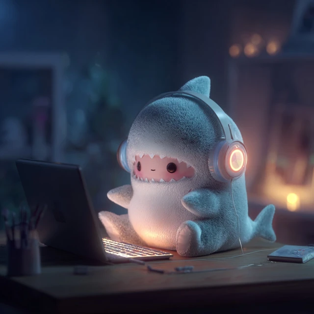 Cute Shark with Headphones at Computer at Night
