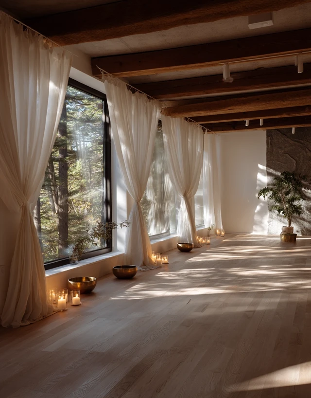Yoga Studio Interior Sunlight Candles Forest